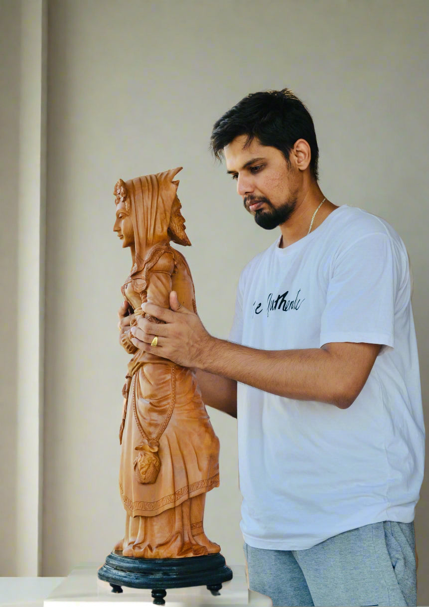 The Sandalwood Carved Double Statue of Mephistopheles & Margaretta - Malji Arts
