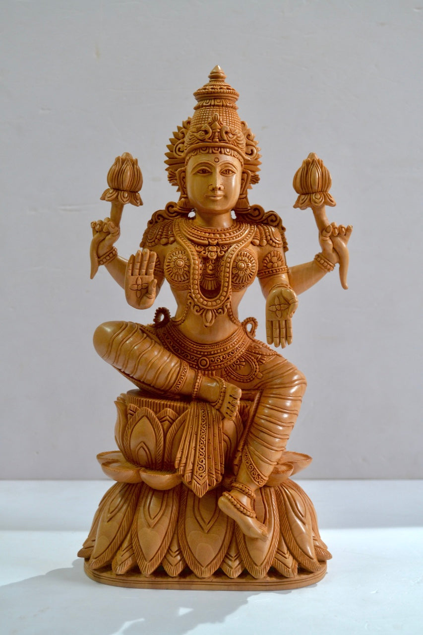 Wooden Fine Hand Carved Laxmi Statue - Malji Arts