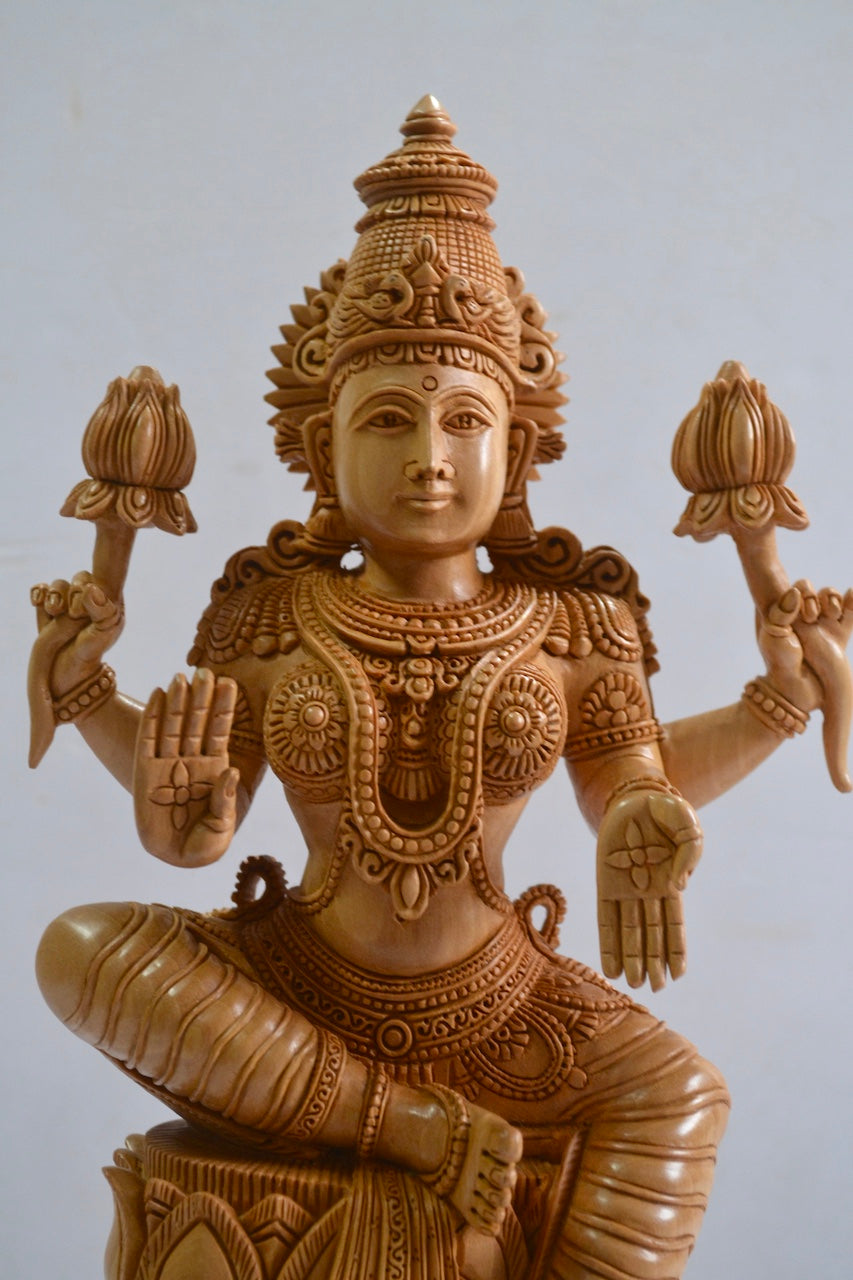 Wooden Fine Hand Carved Laxmi Statue - Malji Arts