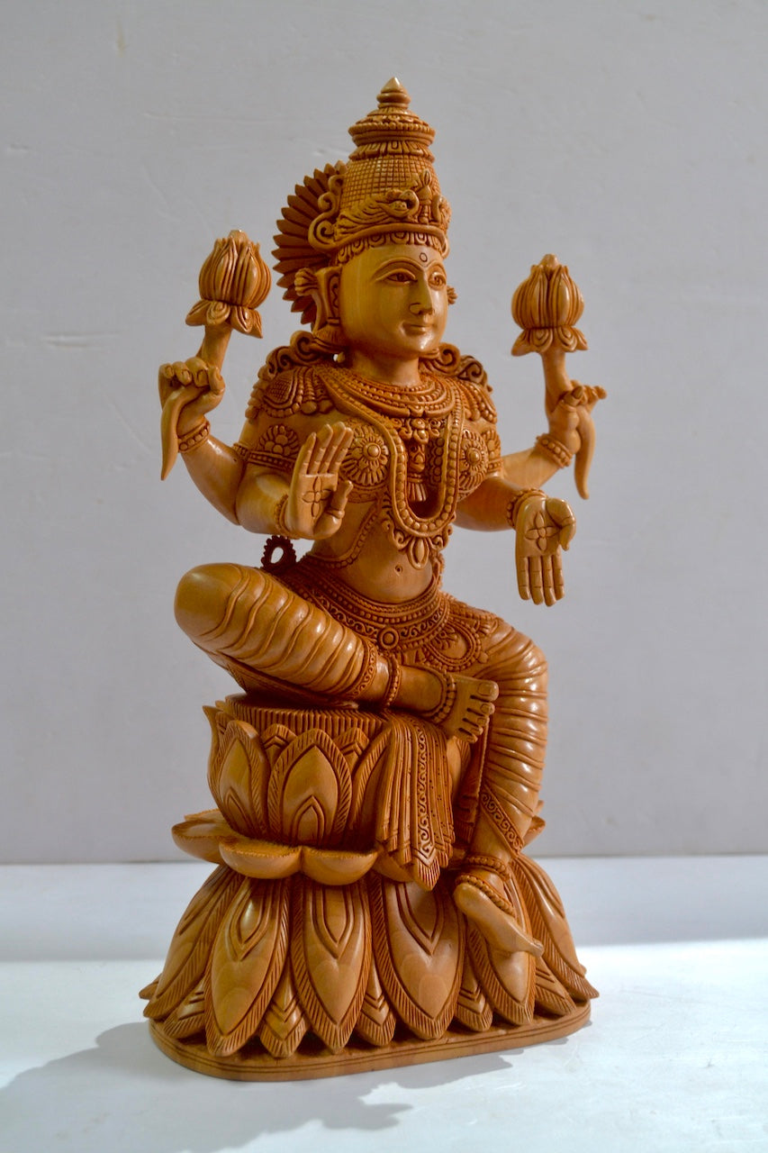 Wooden Fine Hand Carved Laxmi Statue - Malji Arts