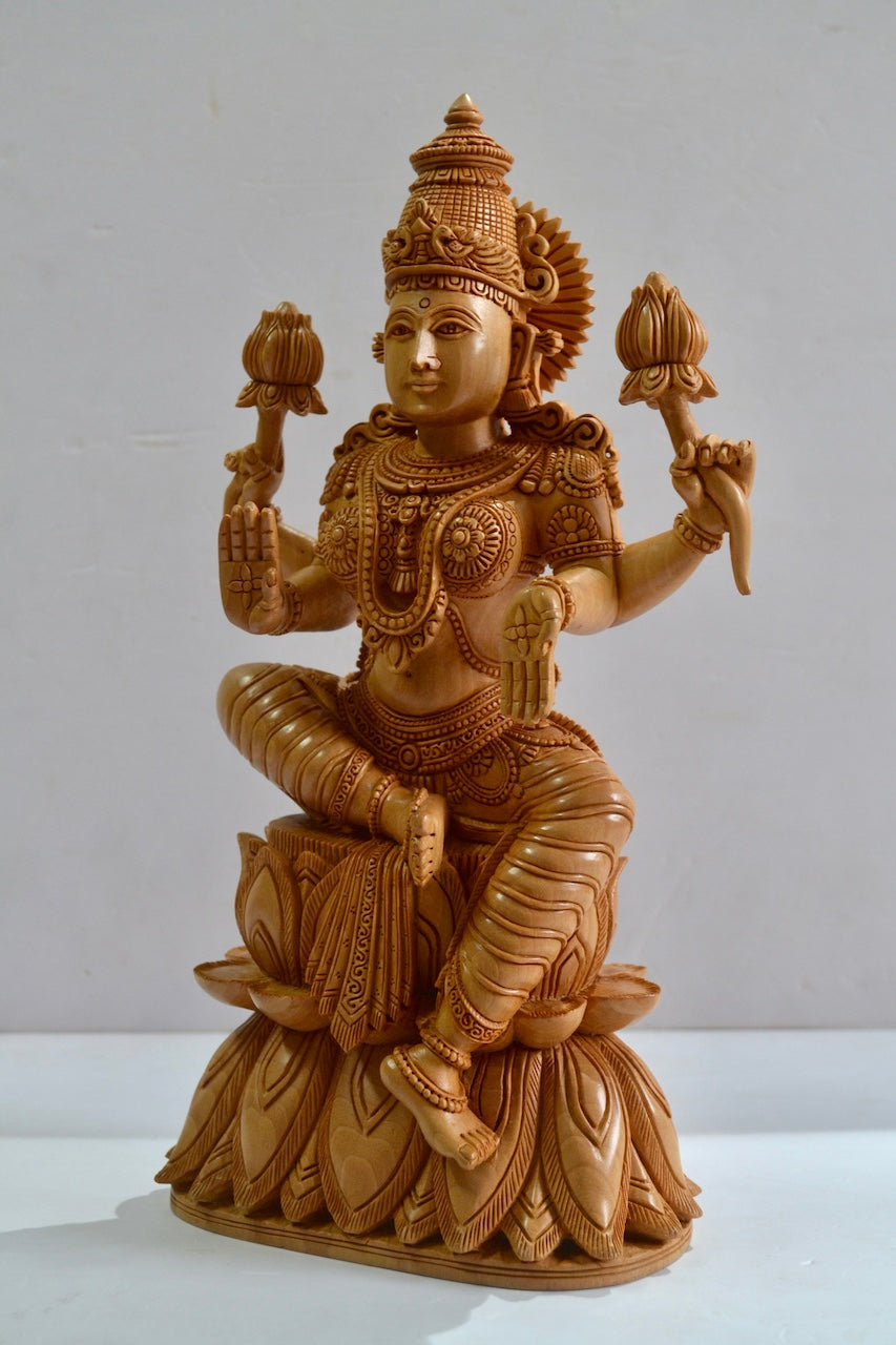 Wooden Fine Hand Carved Laxmi Statue - Malji Arts