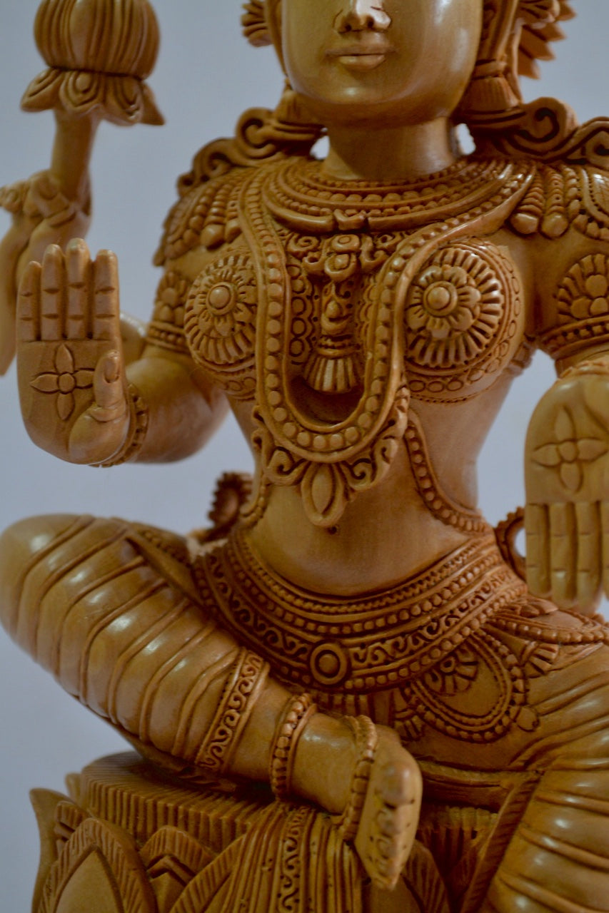 Wooden Fine Hand Carved Laxmi Statue - Malji Arts