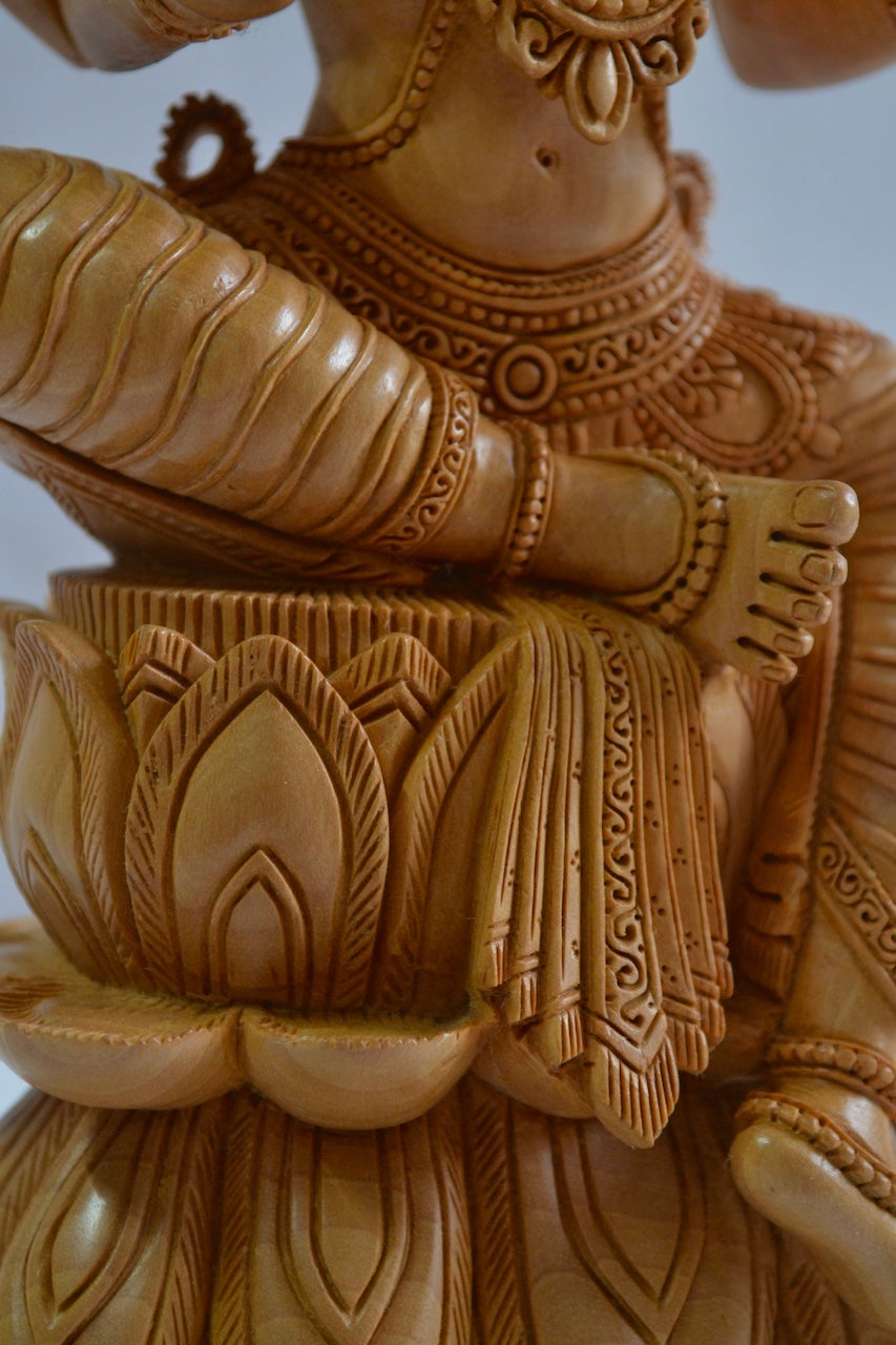 Wooden Fine Hand Carved Laxmi Statue - Malji Arts