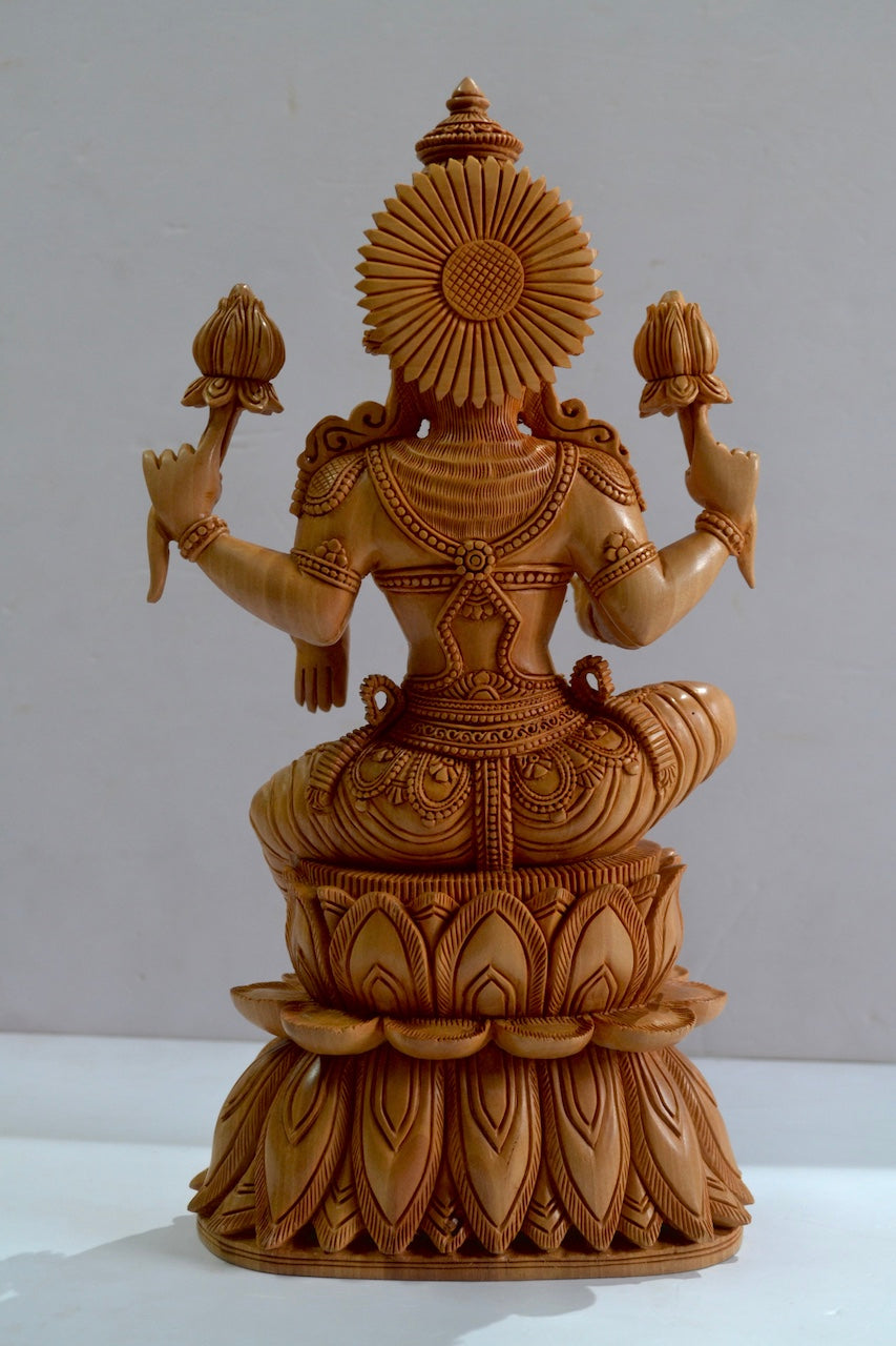 Wooden Fine Hand Carved Laxmi Statue - Malji Arts