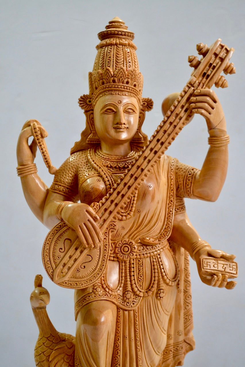 Wooden Special Carved Standing Goddess Saraswati Statue - Malji Arts