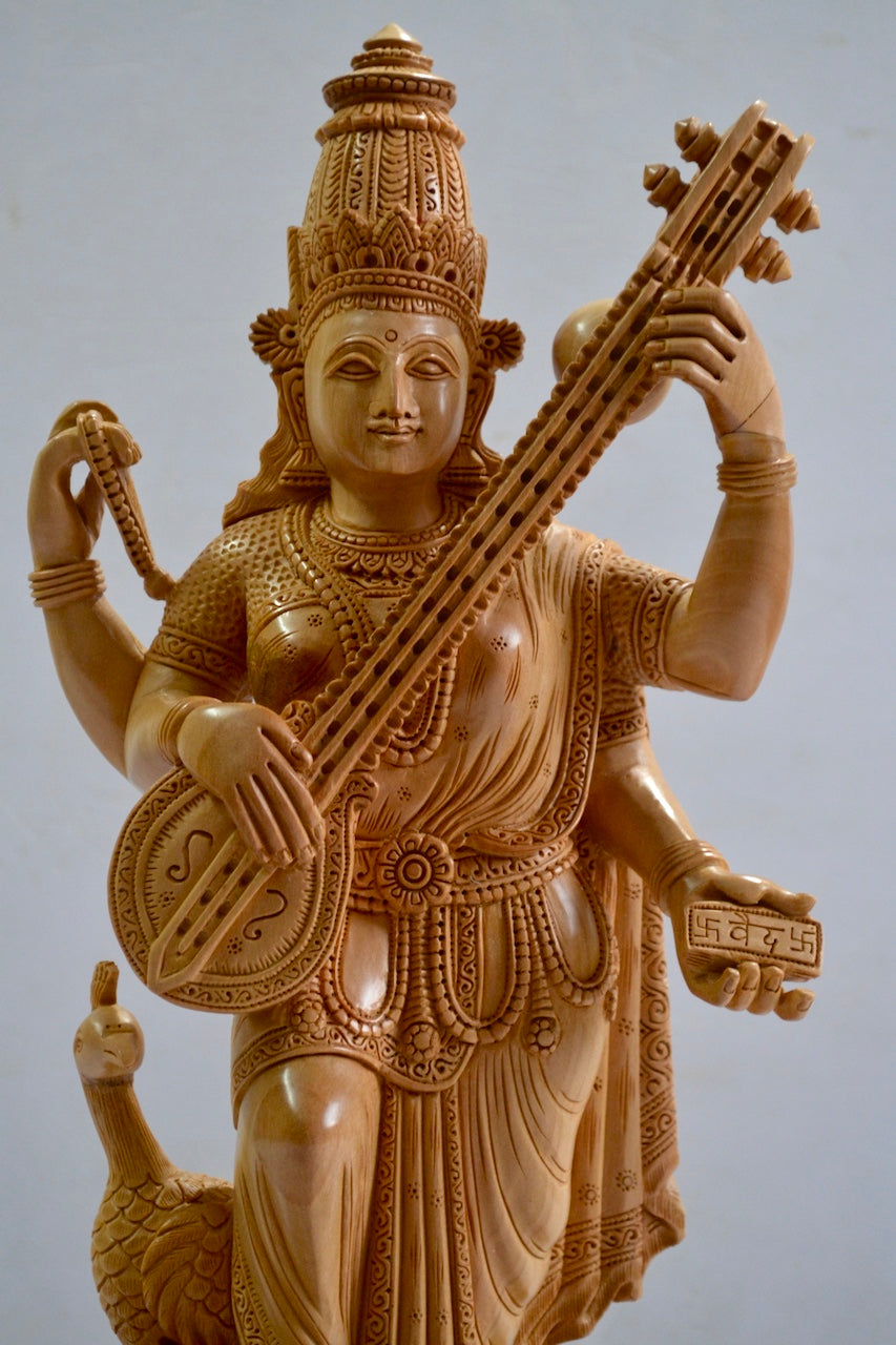 Wooden Special Carved Standing Goddess Saraswati Statue - Malji Arts