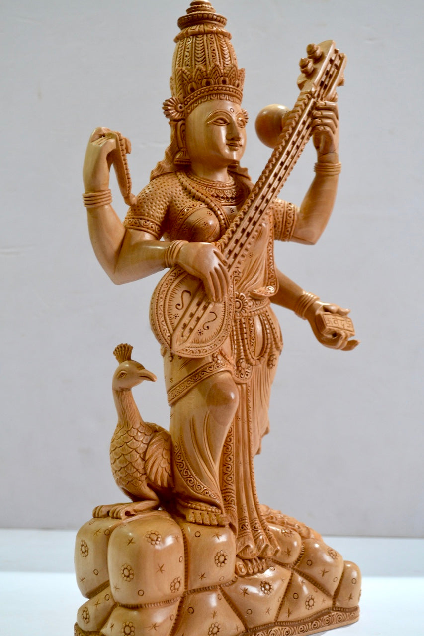 Wooden Special Carved Standing Goddess Saraswati Statue - Malji Arts