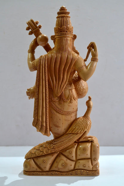 Wooden Special Carved Standing Goddess Saraswati Statue - Malji Arts