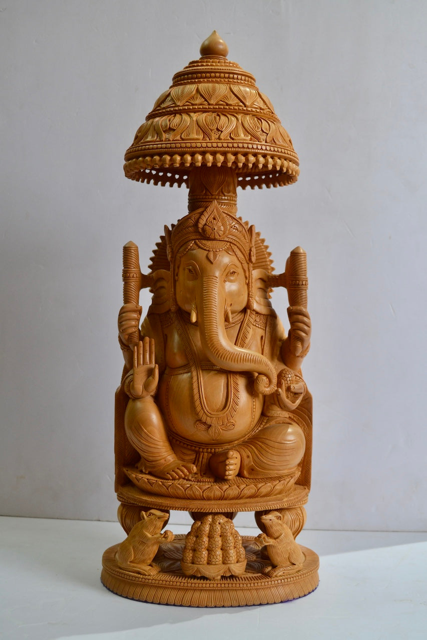 17" inch Wooden Large Special Smiling Lord Ganesha Chatri Round - Malji Arts