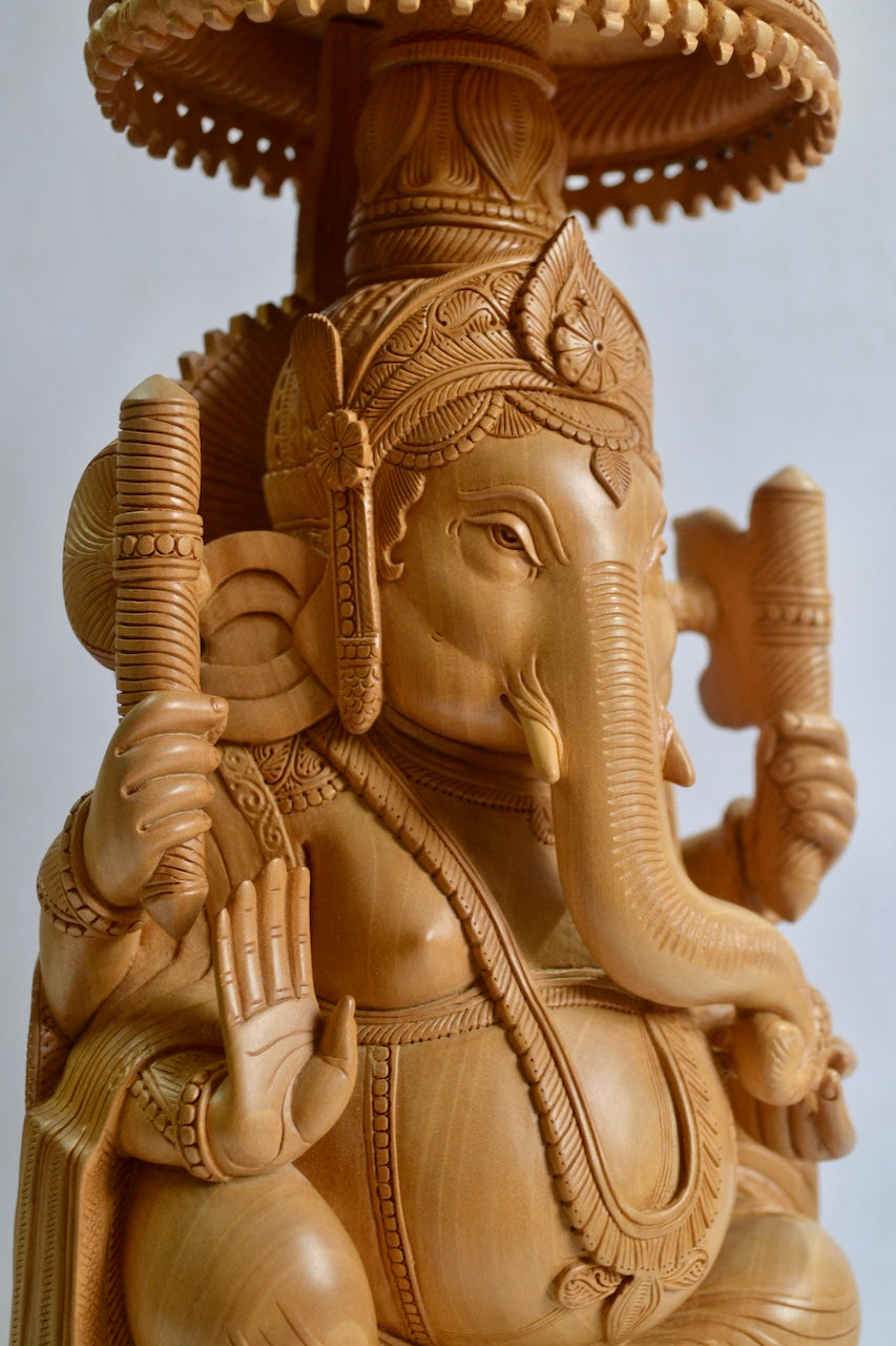 17" inch Wooden Large Special Smiling Lord Ganesha Chatri Round - Malji Arts