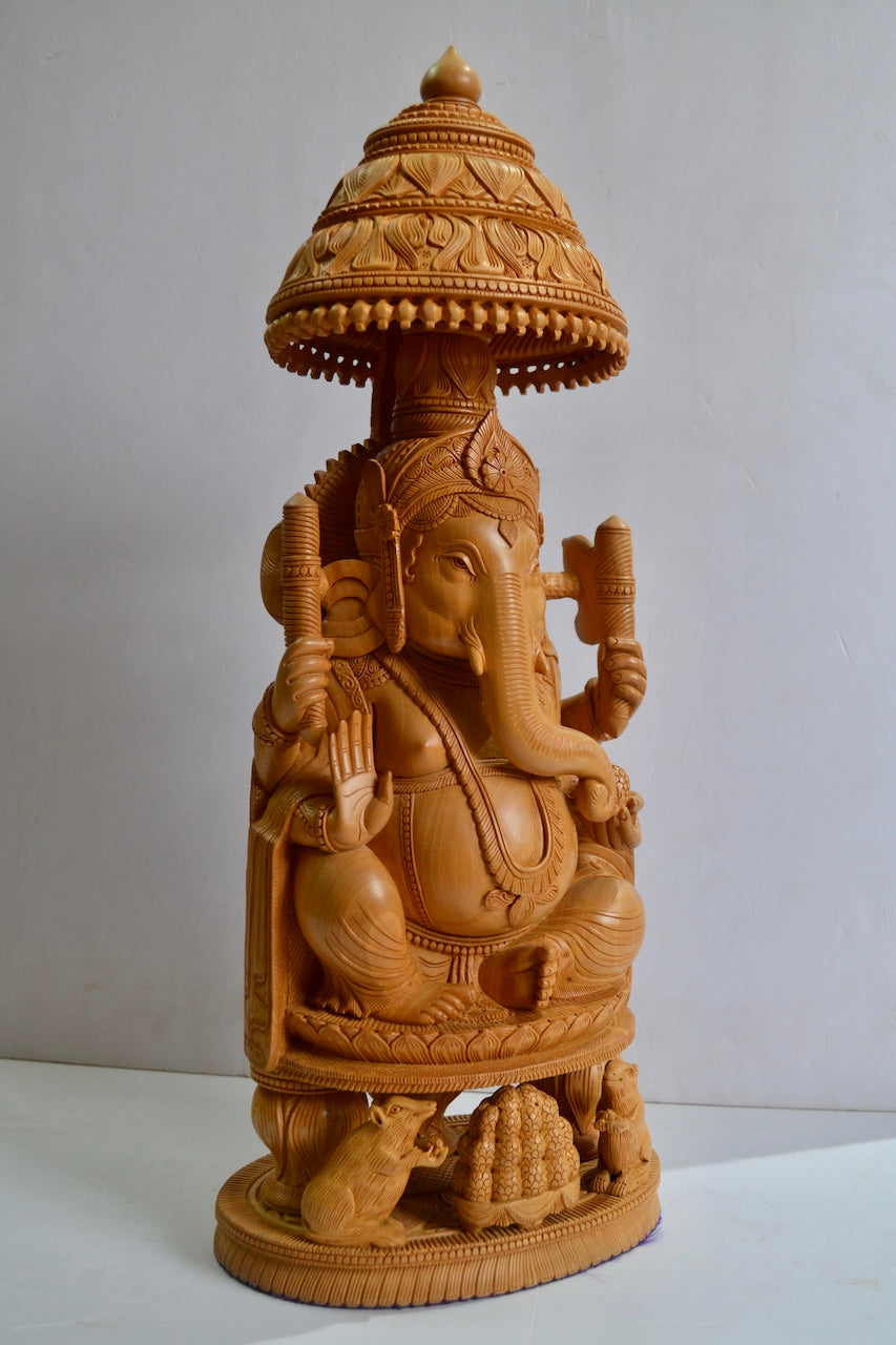 17" inch Wooden Large Special Smiling Lord Ganesha Chatri Round - Malji Arts