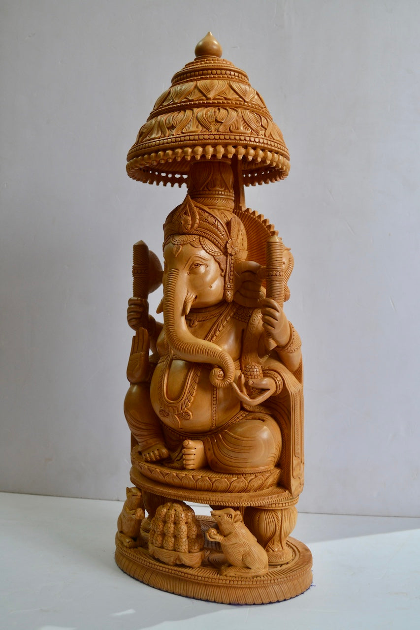 17" inch Wooden Large Special Smiling Lord Ganesha Chatri Round - Malji Arts