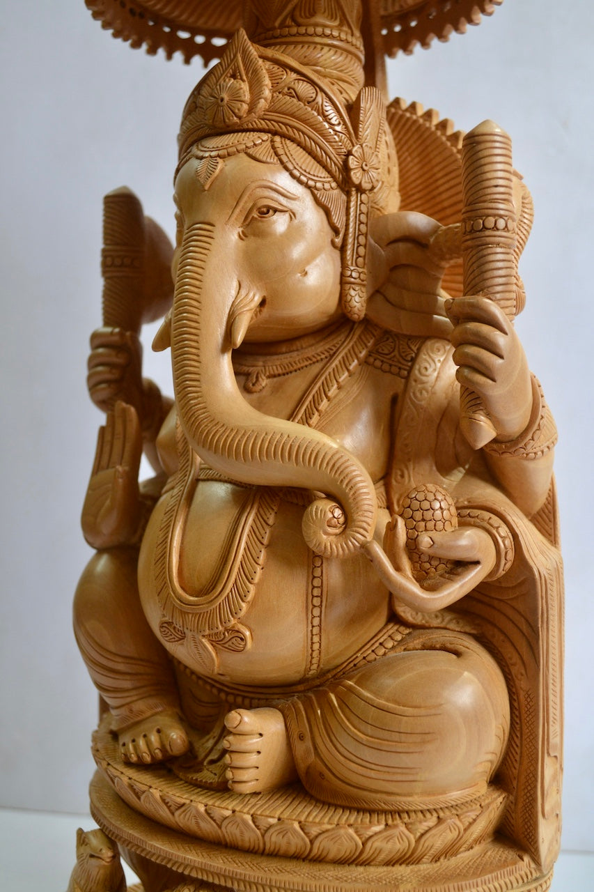 17" inch Wooden Large Special Smiling Lord Ganesha Chatri Round - Malji Arts