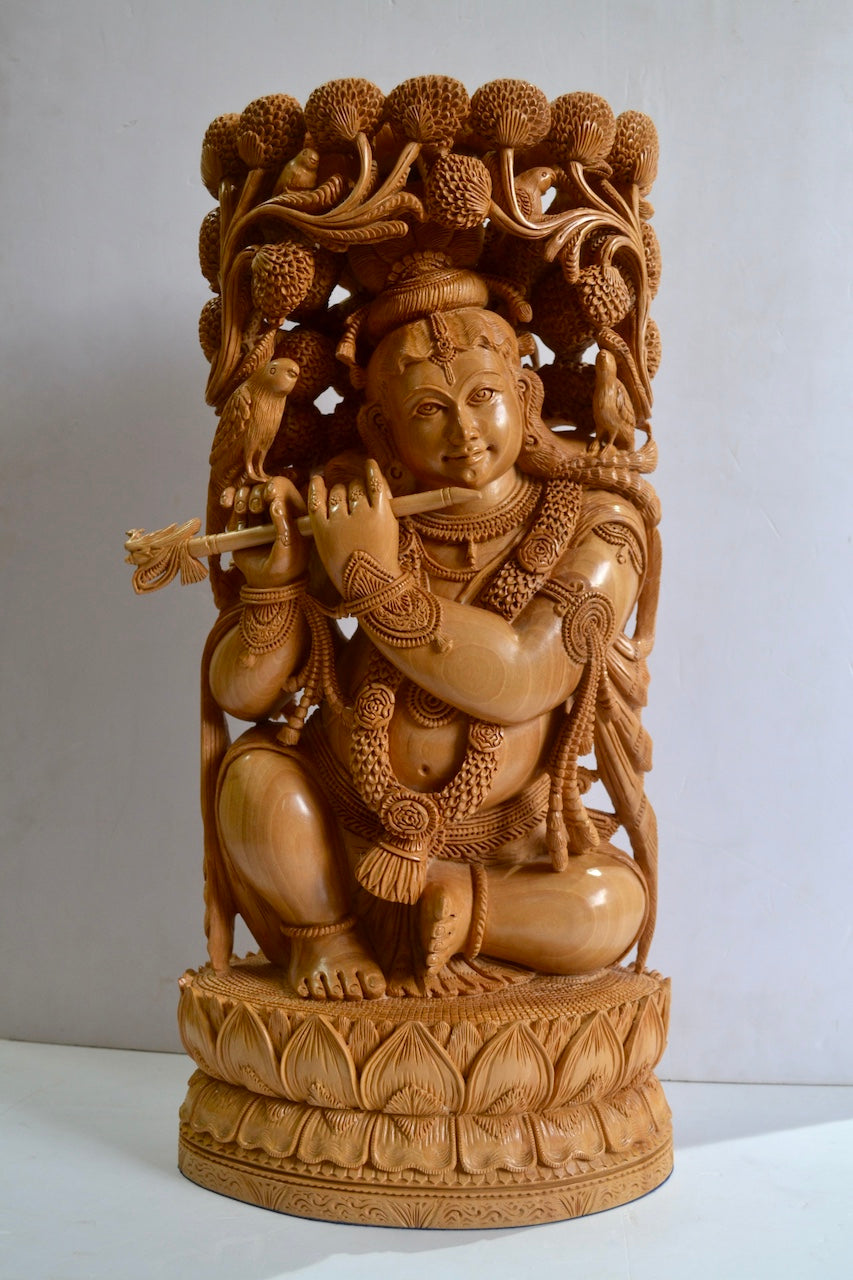 18" Inch Large Wooden Lord Krishna Sitting Under Tree - Malji Arts