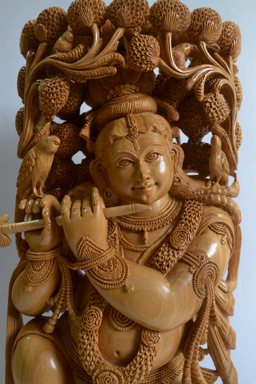 18" Inch Large Wooden Lord Krishna Sitting Under Tree - Malji Arts