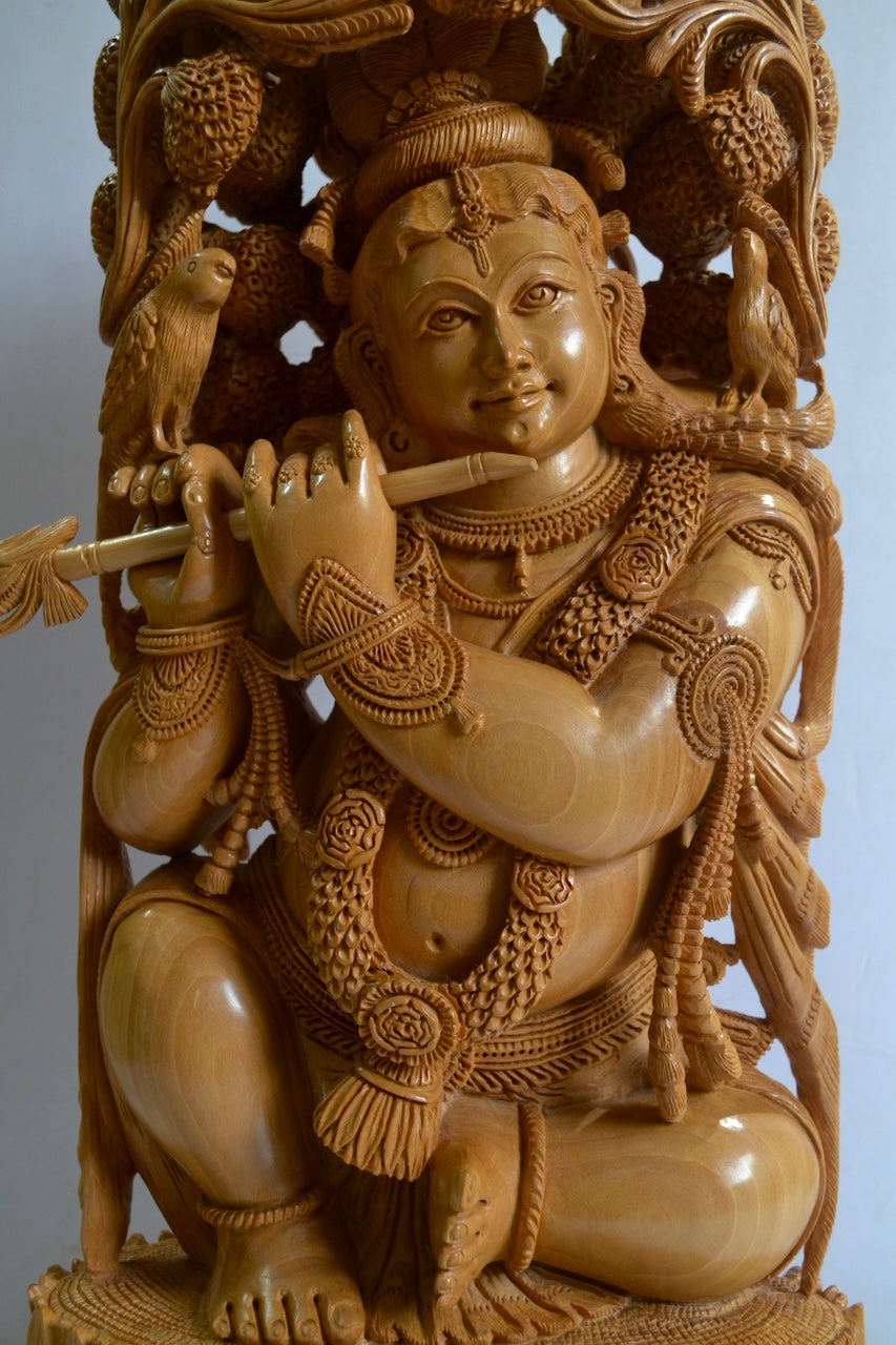 18" Inch Large Wooden Lord Krishna Sitting Under Tree - Malji Arts