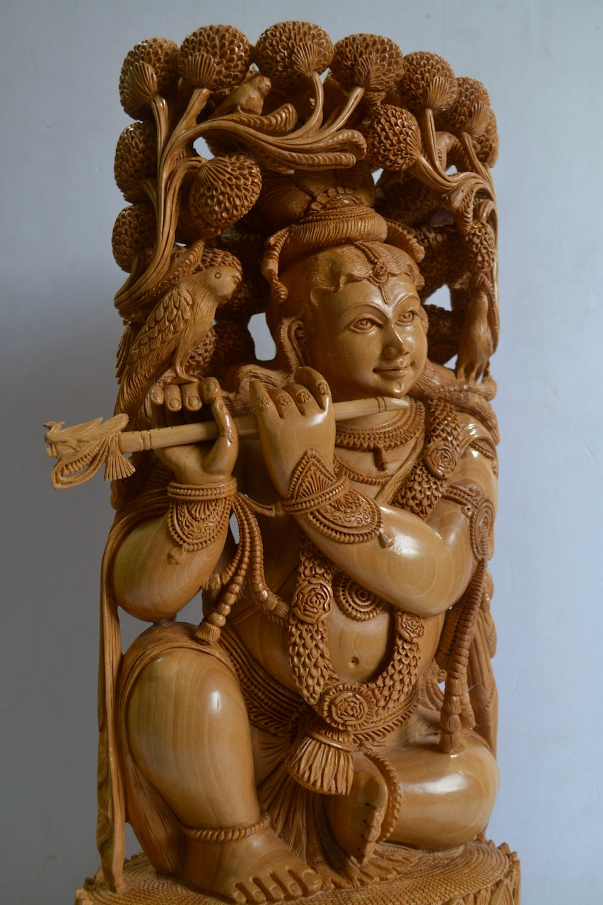 18" Inch Large Wooden Lord Krishna Sitting Under Tree - Malji Arts