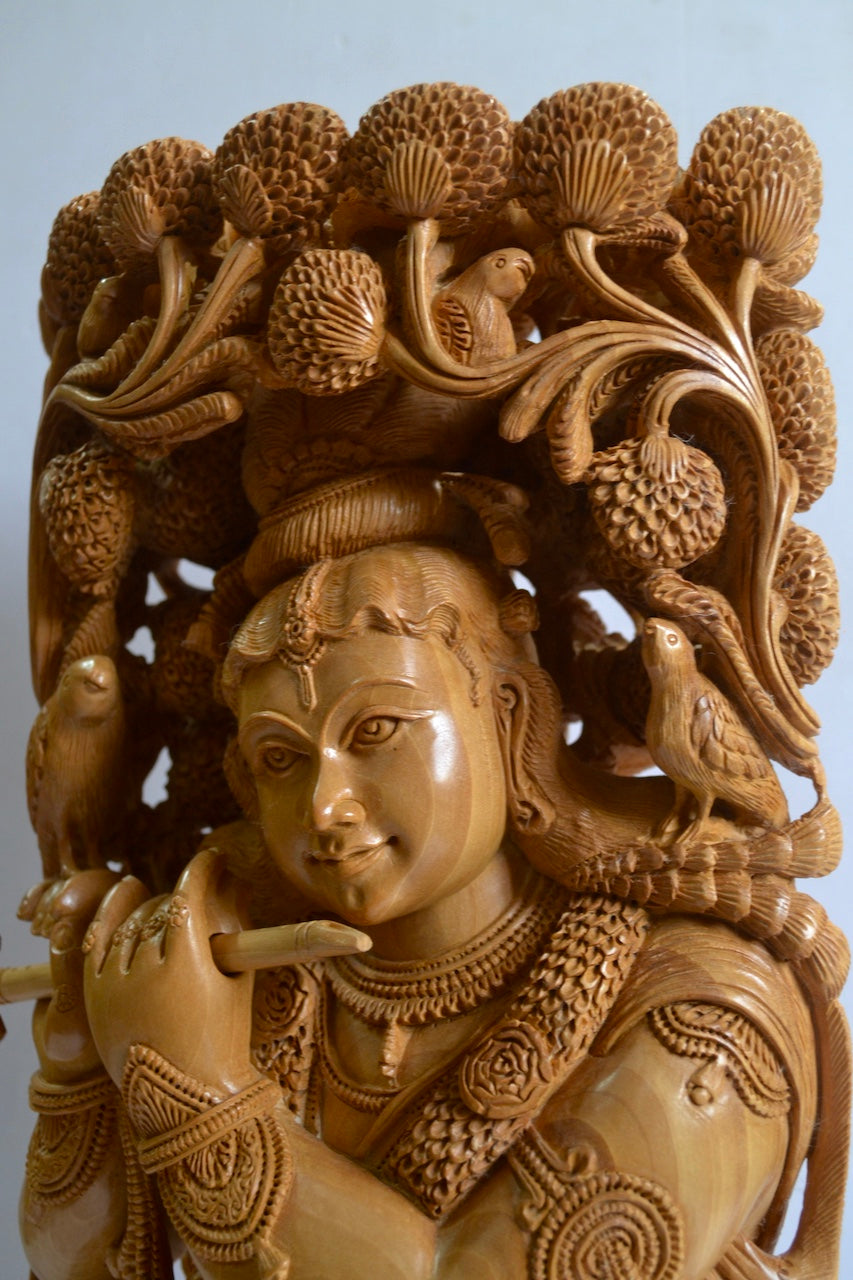 18" Inch Large Wooden Lord Krishna Sitting Under Tree - Malji Arts