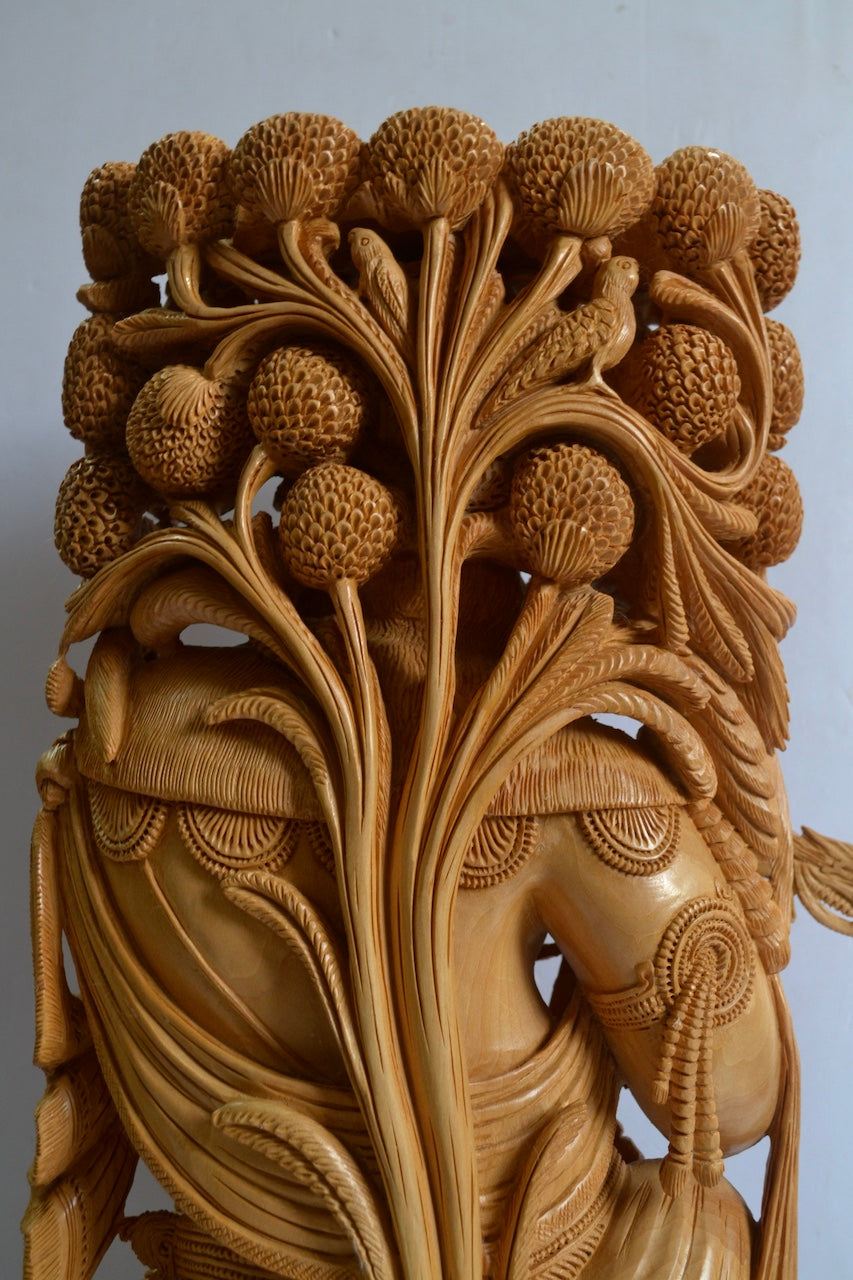 18" Inch Large Wooden Lord Krishna Sitting Under Tree - Malji Arts