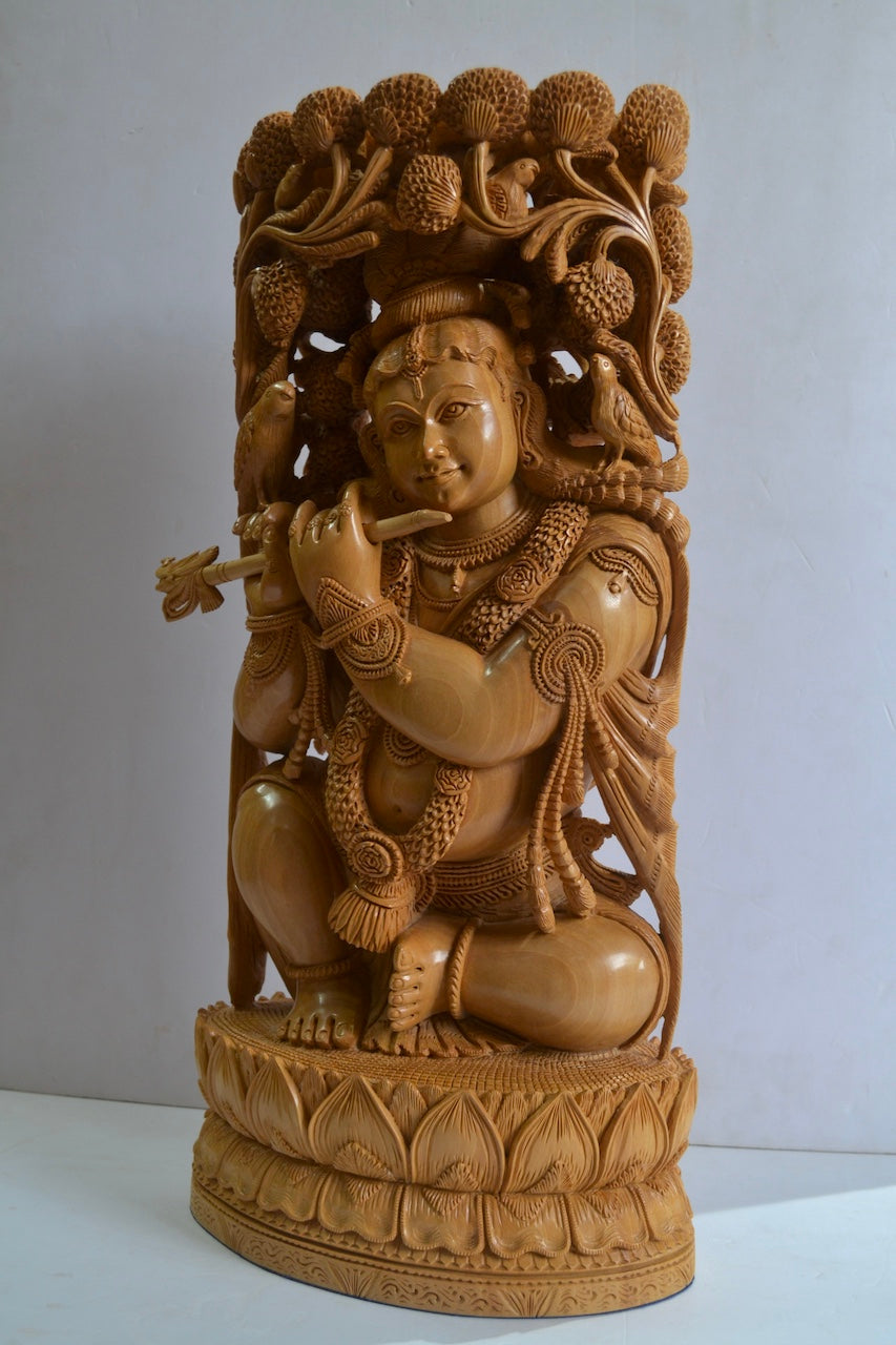 18" Inch Large Wooden Lord Krishna Sitting Under Tree - Malji Arts