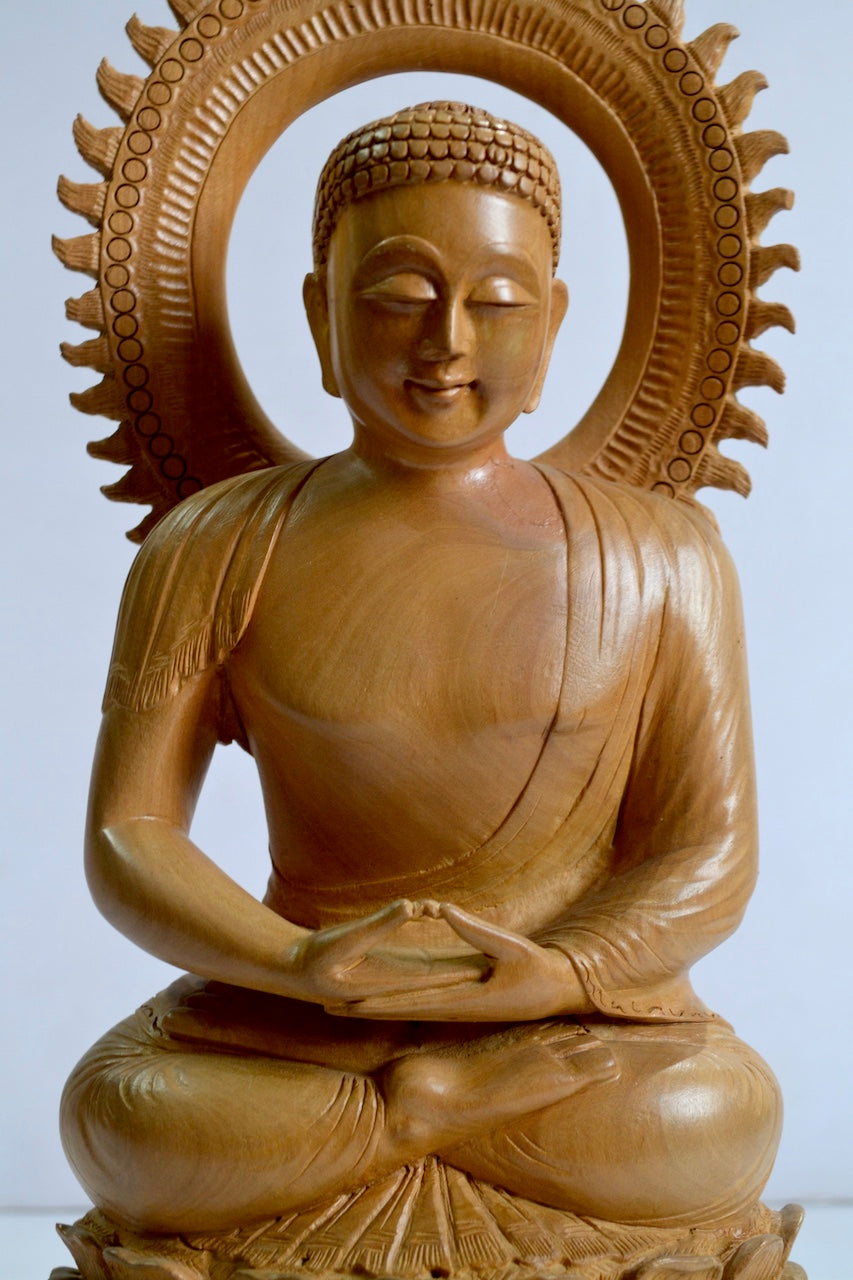 Wooden Calm Face Fine Carved Buddha Meditation Statue - Malji Arts