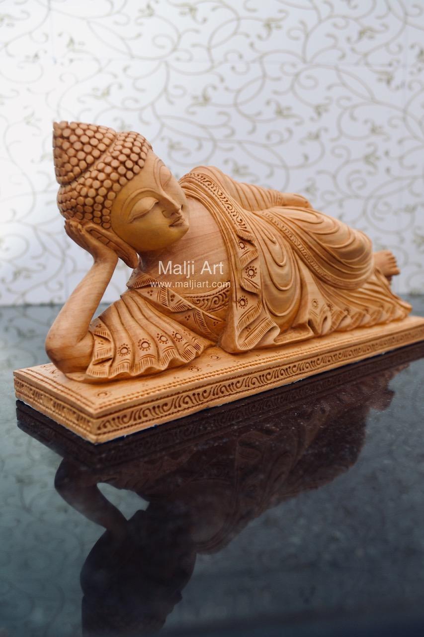 Wooden Fine Hand Carved Sleeping Buddha Statue - Malji Arts