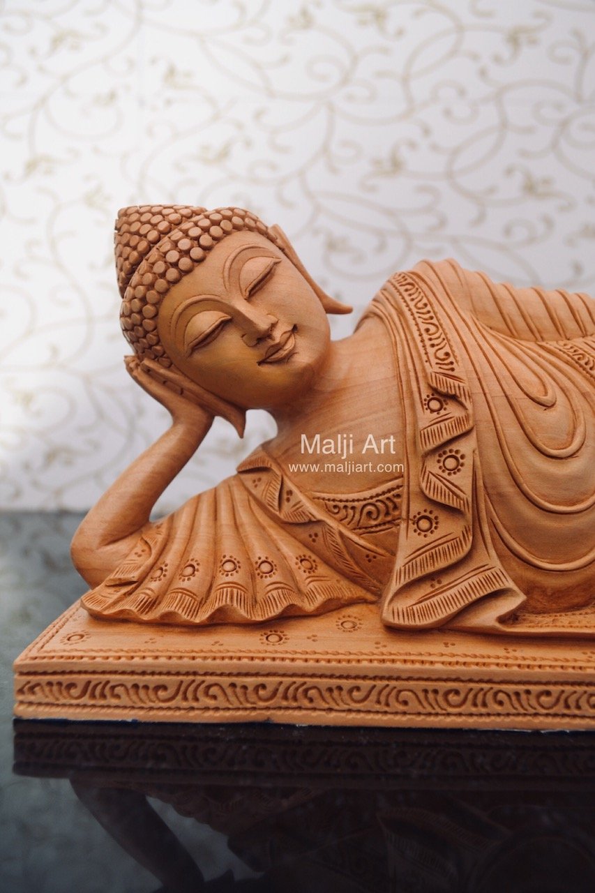 Wooden Fine Hand Carved Sleeping Buddha Statue - Malji Arts