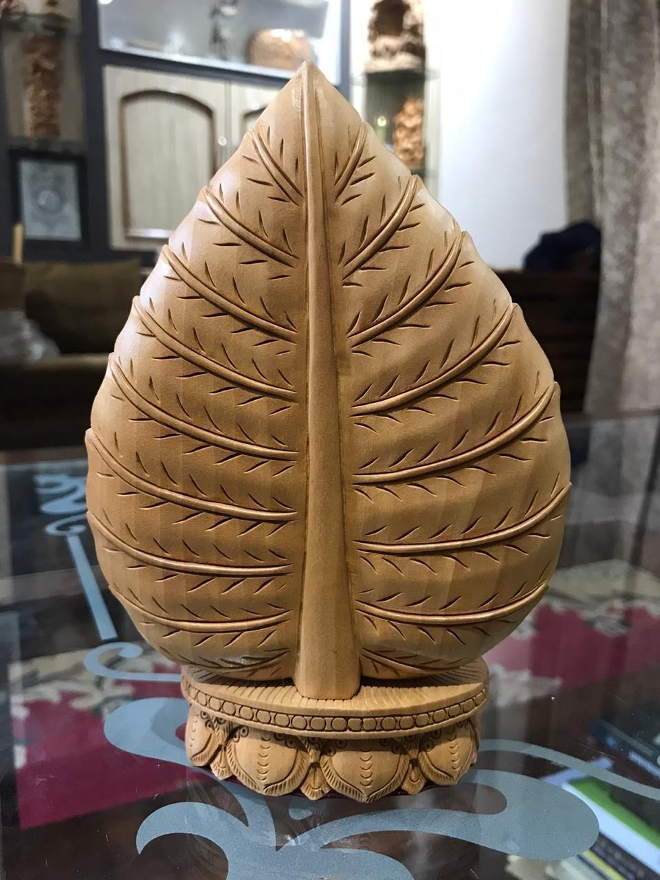 Wooden buddha meditation on leaf fine carved statue - Malji Arts
