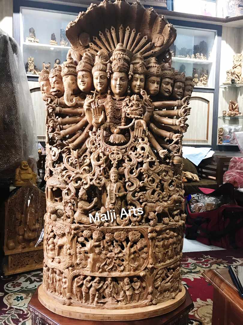 Sandalwood Fine Carved Viswaroopam With Mahabharata Story Sculpture - Malji Arts