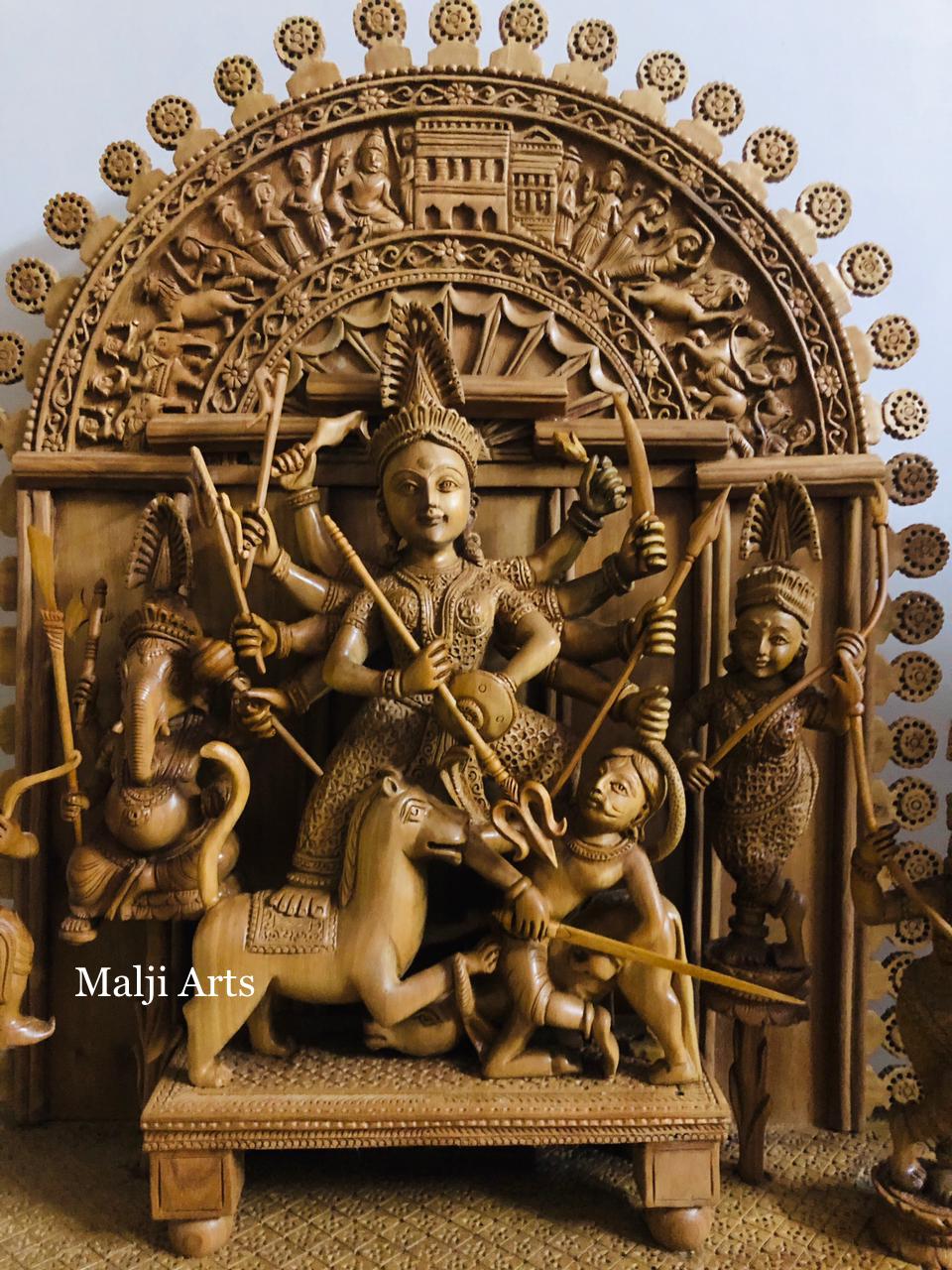 Large Sandalwood "Shrine of Goddess Durga" Mahishasuramardini - Malji Arts