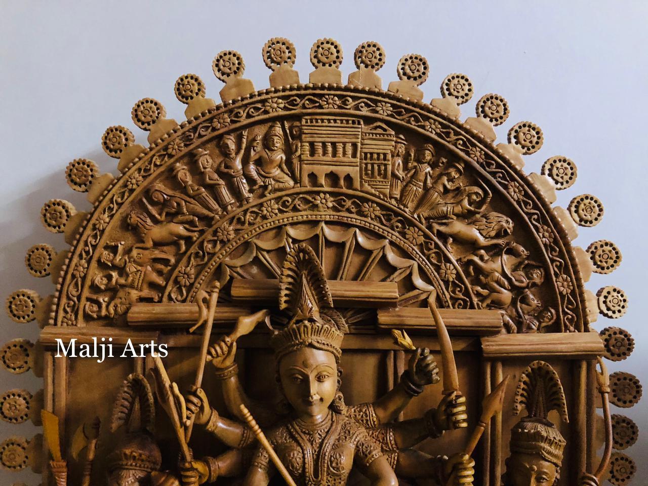 Large Sandalwood "Shrine of Goddess Durga" Mahishasuramardini - Malji Arts