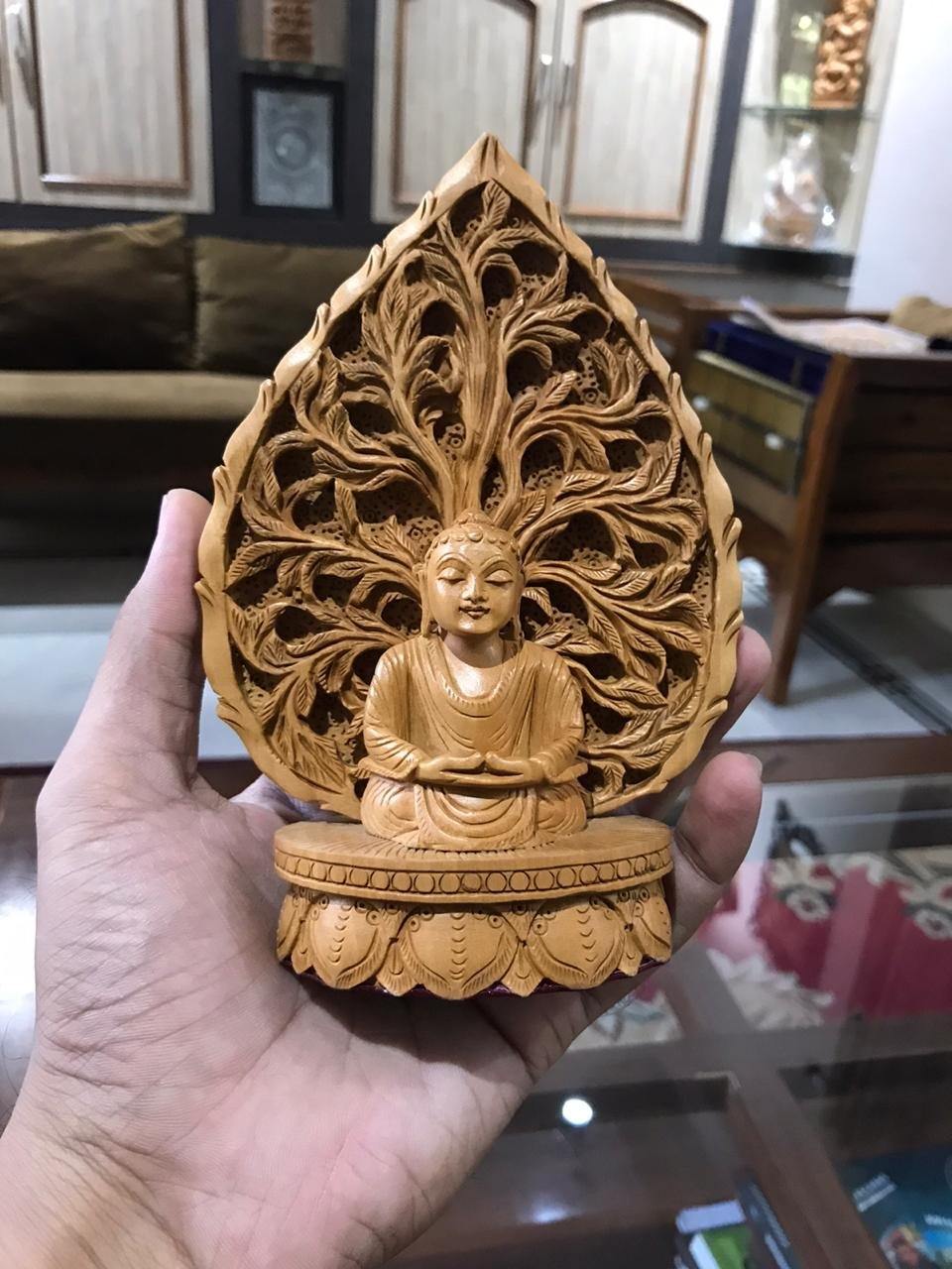 Wooden buddha meditation on leaf fine carved statue - Malji Arts