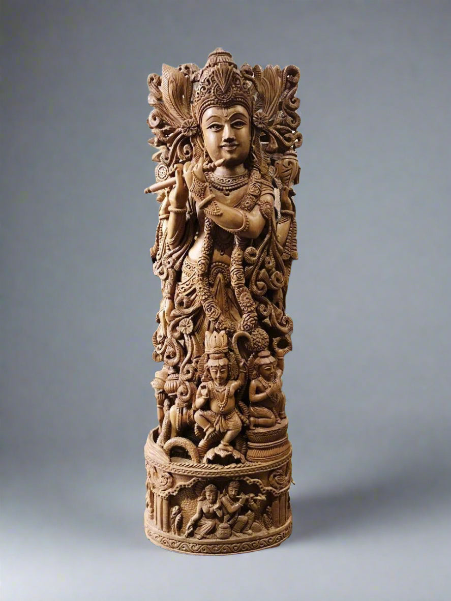 Sandalwood Carved Lord Krishna Statue Collective Art Piece - Malji Arts