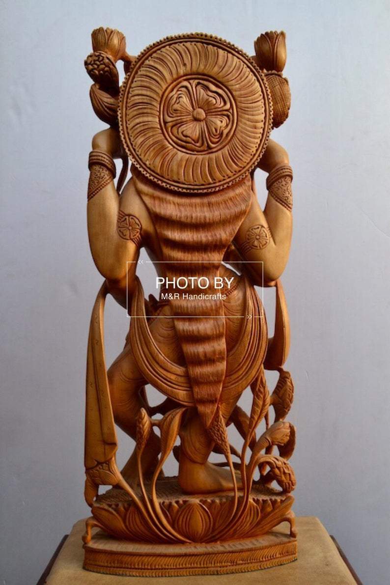 Wooden Beautifully Hand Carved Laxmi Ji Standing Statue - Malji Arts