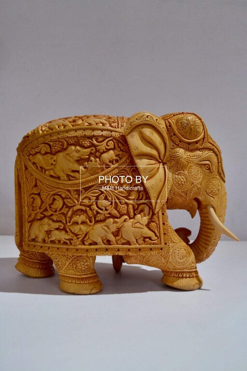 Wooden Very Fine Carved Elephant with Body Carving - Malji Arts