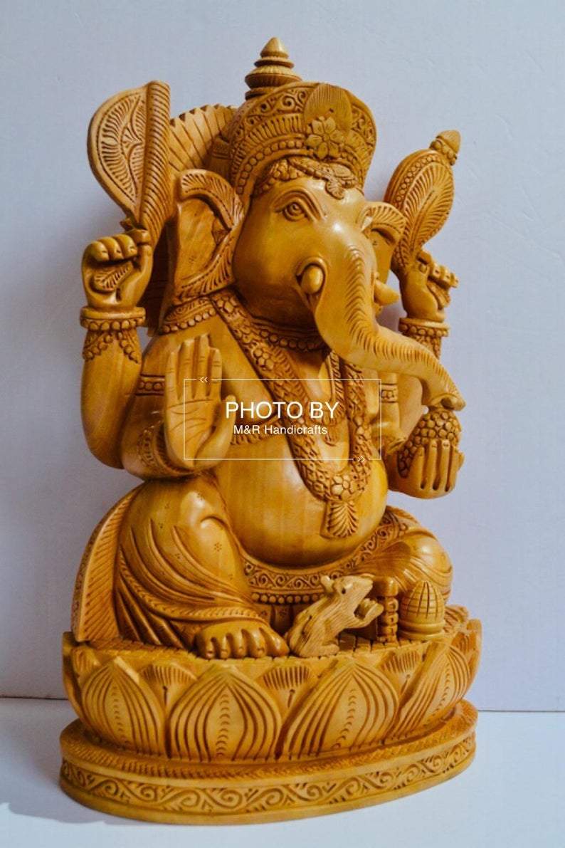 Wooden fine Hand Carved Lord Ganesha Sitting Statue - Malji Arts