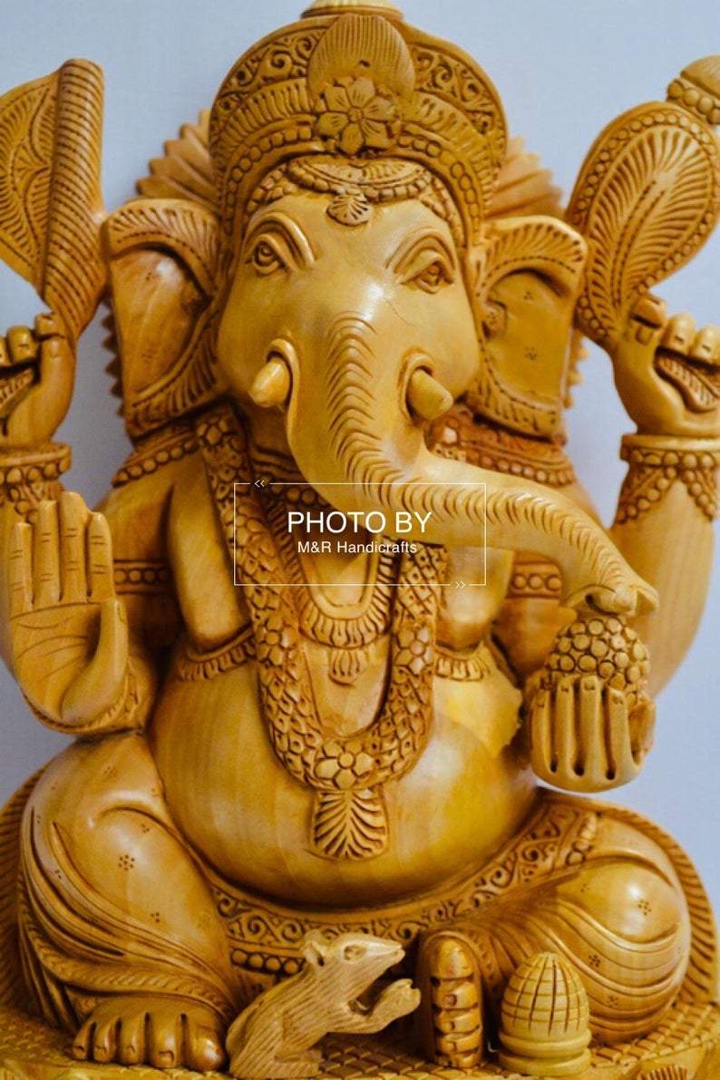 Wooden fine Hand Carved Lord Ganesha Sitting Statue - Malji Arts