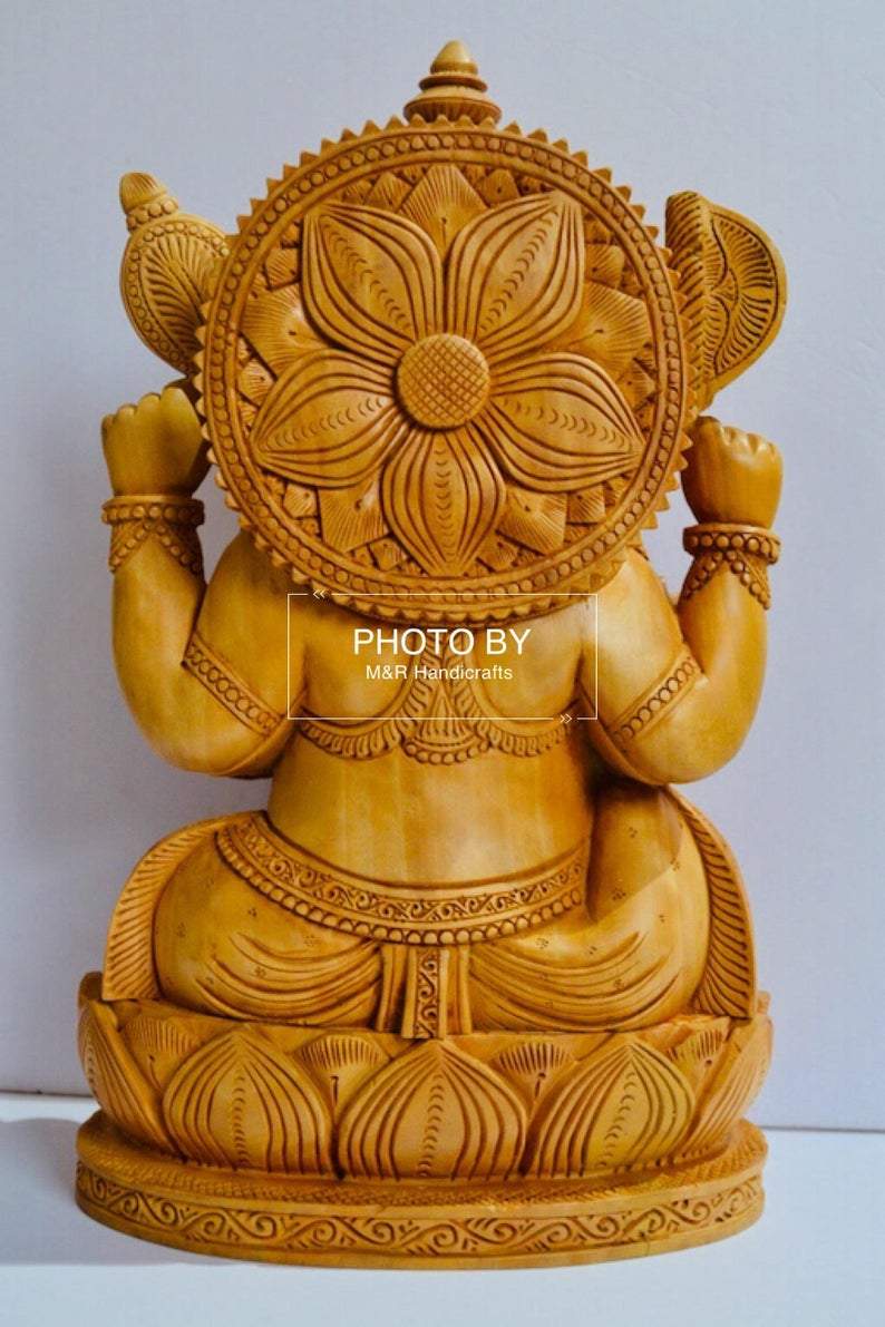 Wooden fine Hand Carved Lord Ganesha Sitting Statue - Malji Arts