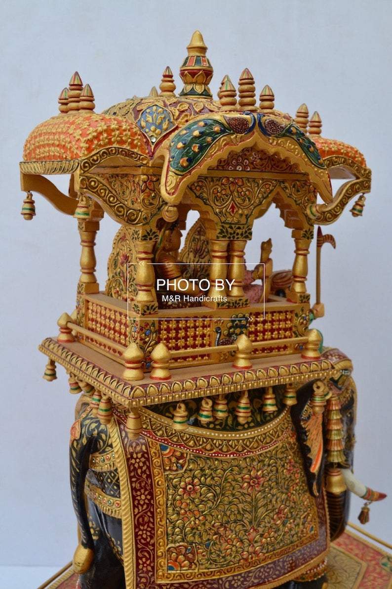 Wooden Fine Hand Painted Royal Big Elephant Ambabari - Malji Arts