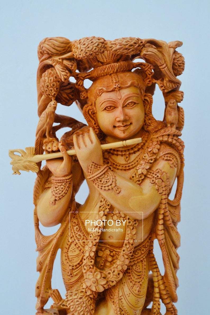 Wooden fine carved baby krishna statue - Malji Arts