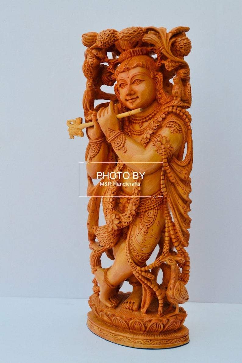 Wooden fine carved baby krishna statue - Malji Arts