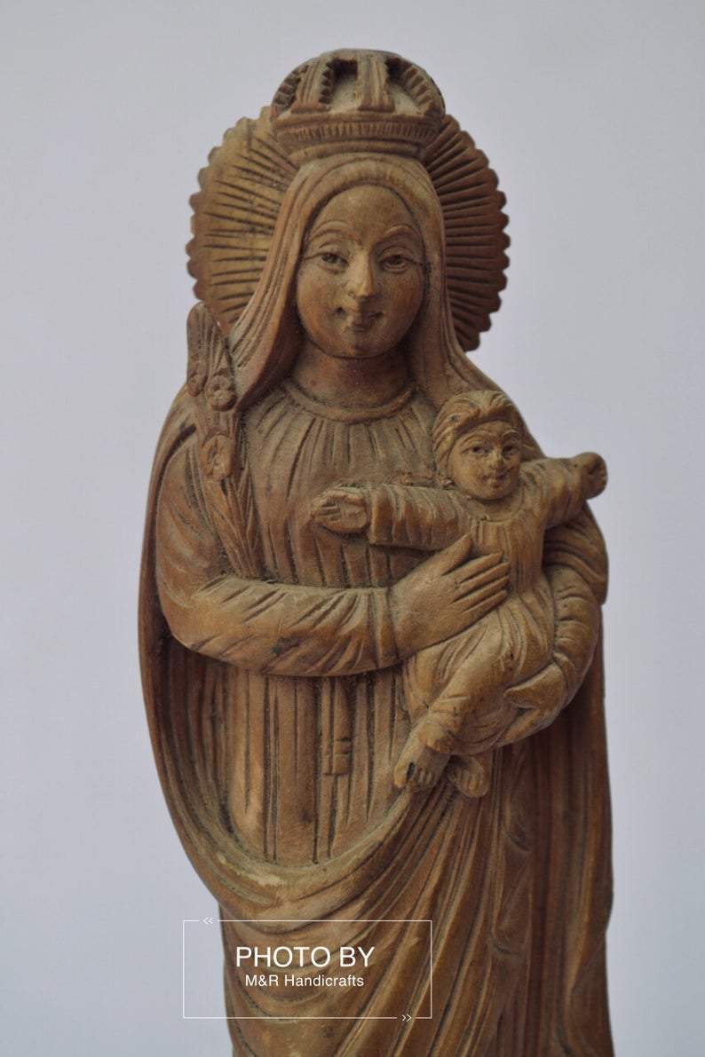 Antique Sandalwood Carved Mother Mary with Infant Jesus statue - Malji Arts