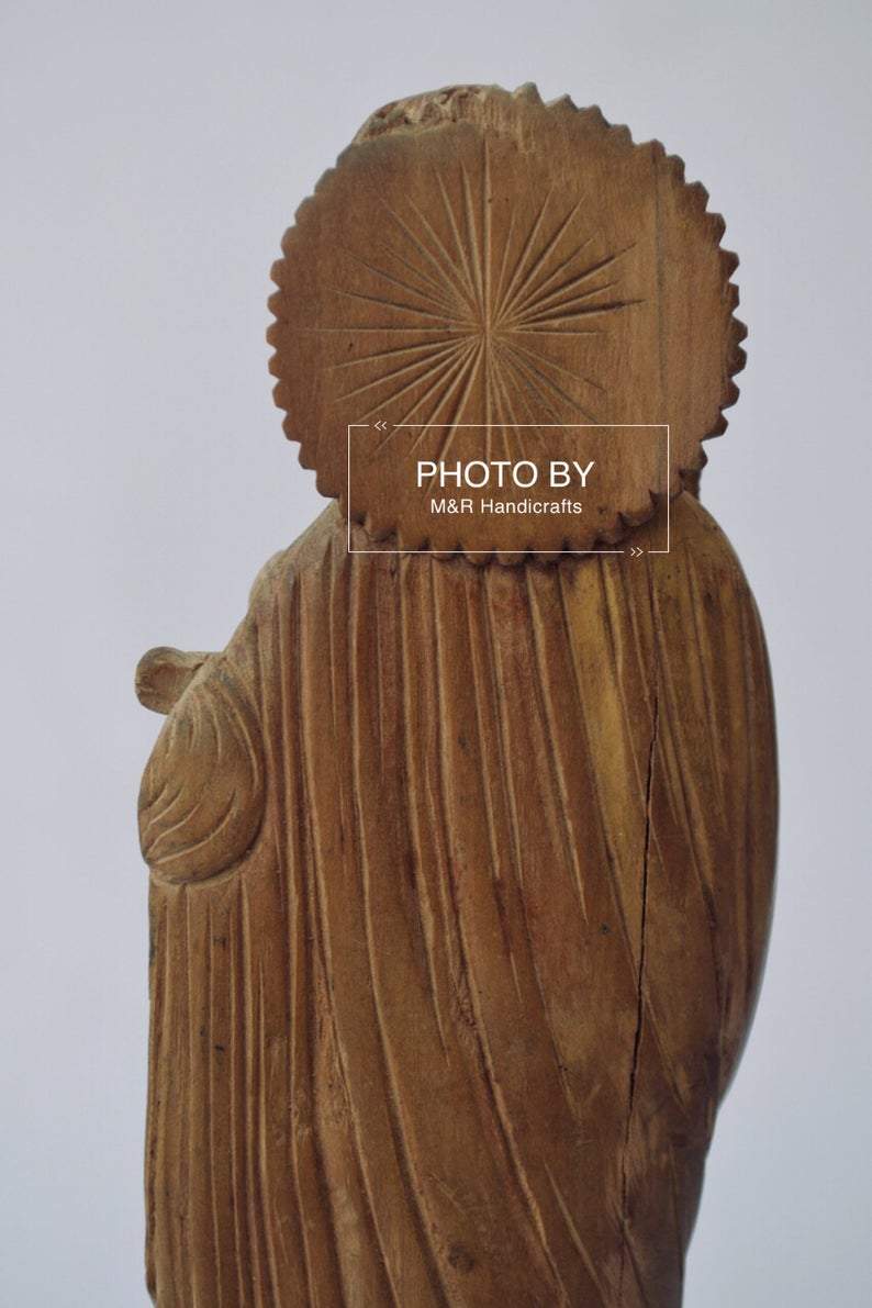 Antique Sandalwood Carved Mother Mary with Infant Jesus statue - Malji Arts