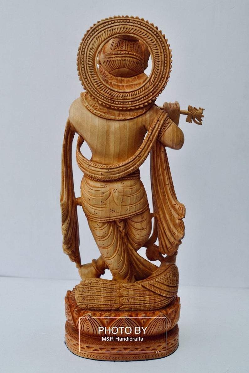 Wooden Very Beautifully Hand Carved Smiling Lord Krishna Statue - Malji Arts