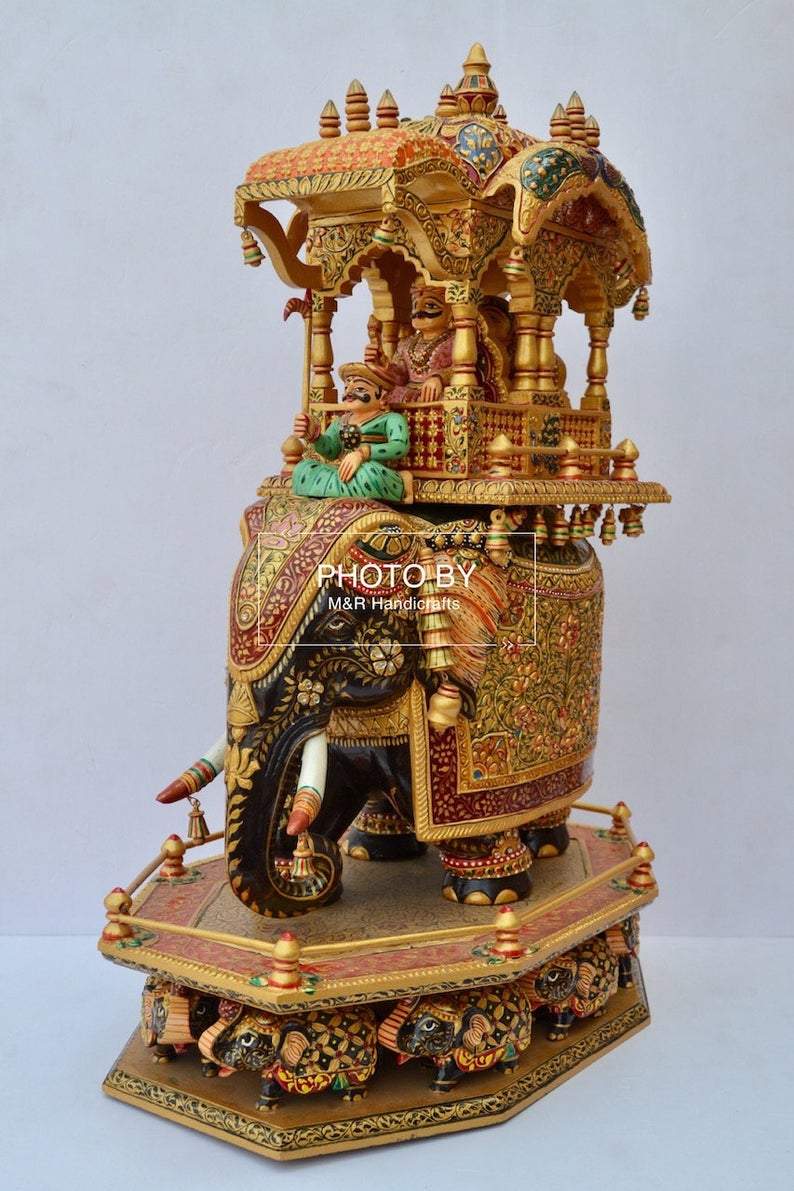 Wooden Fine Hand Painted Royal Big Elephant Ambabari - Malji Arts