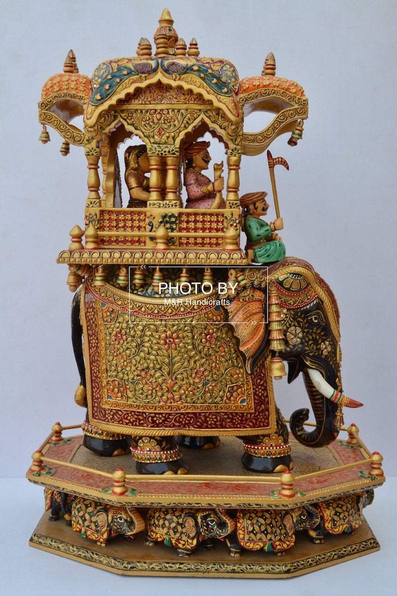 Wooden Fine Hand Painted Royal Big Elephant Ambabari - Malji Arts