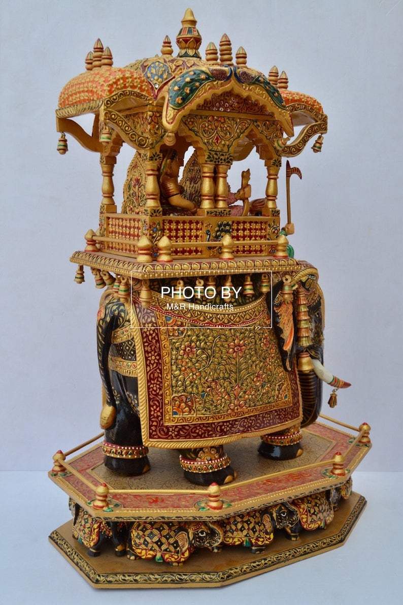 Wooden Fine Hand Painted Royal Big Elephant Ambabari - Malji Arts