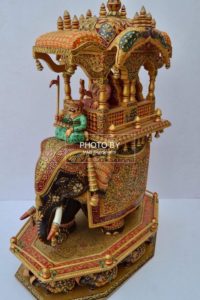Wooden Fine Hand Painted Royal Big Elephant Ambabari - Malji Arts