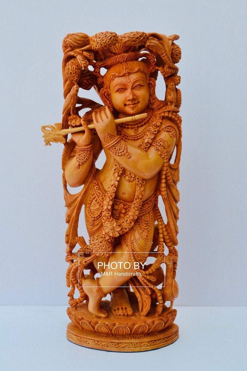 Wooden fine carved baby krishna statue - Malji Arts