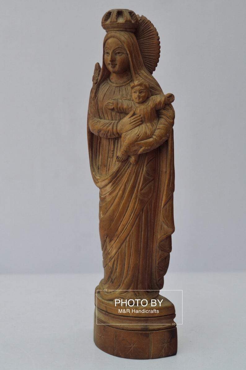 Antique Sandalwood Carved Mother Mary with Infant Jesus statue - Malji Arts